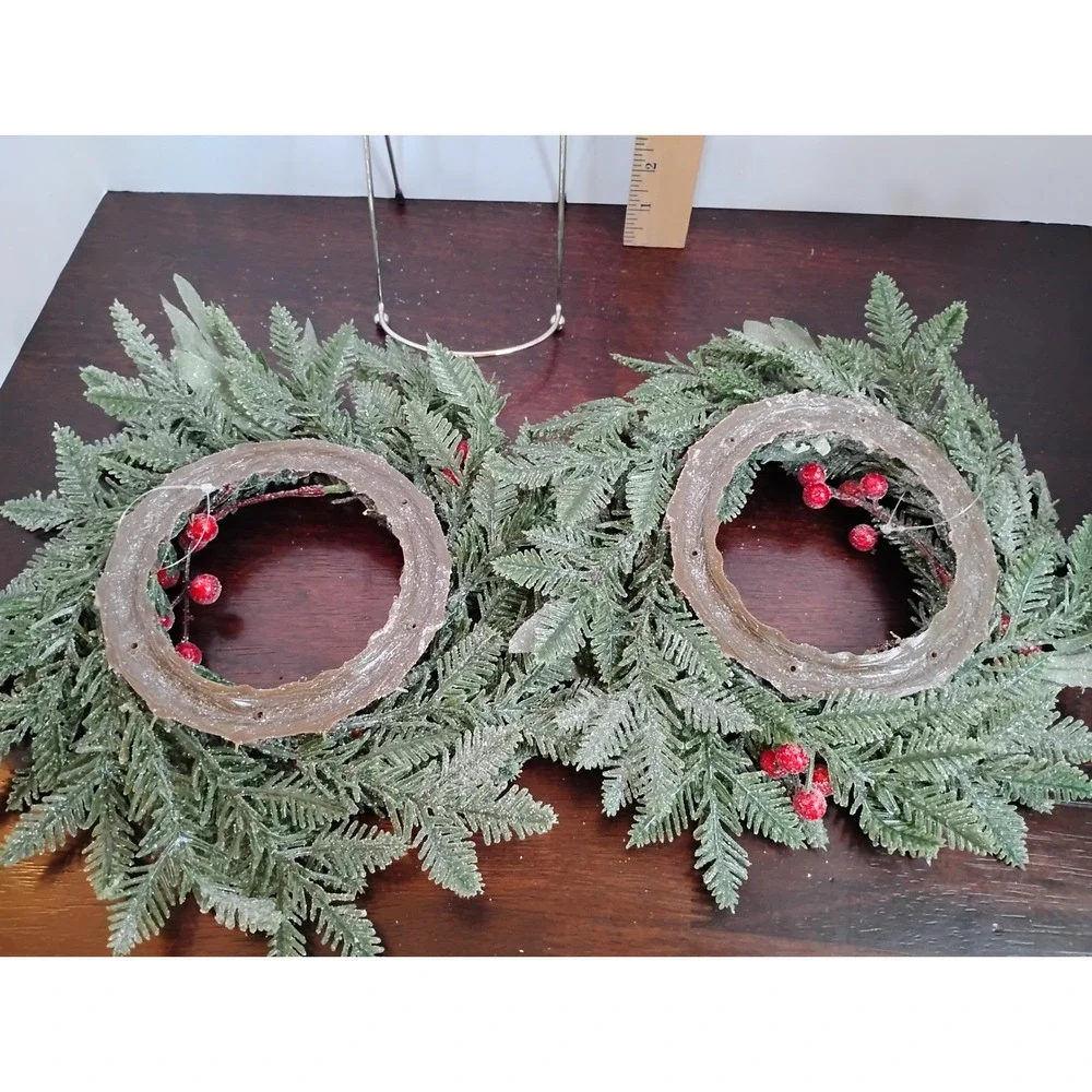 Set of 2 Frosted Evergreen Candle Rings Red Berries Christmas Wreaths 10
